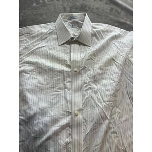 PAUL FREDRICK White Stripe‎ Cotton Dress Shirt Blue Button 17 33